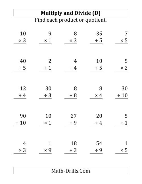 The Multiplying and Dividing with Facts From 1 to 10 (D) Math Worksheet