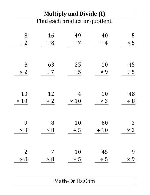 The Multiplying and Dividing with Facts From 1 to 10 (I) Math Worksheet