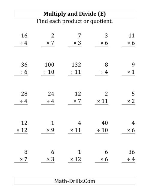 The Multiplying and Dividing with Facts From 1 to 12 (E) Math Worksheet