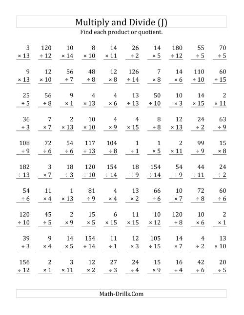 The Multiplying and Dividing with Facts From 1 to 15 (J) Math Worksheet