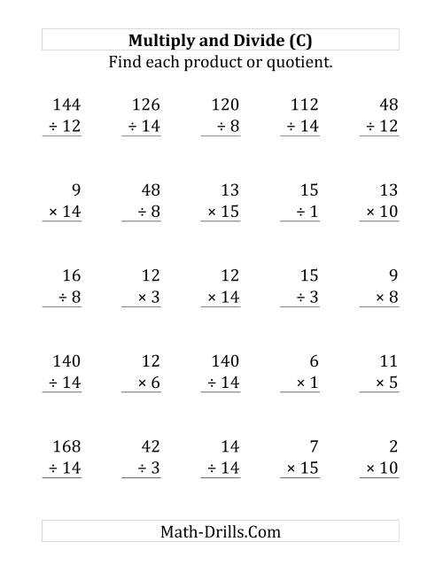 The Multiplying and Dividing with Facts From 1 to 15 (C) Math Worksheet