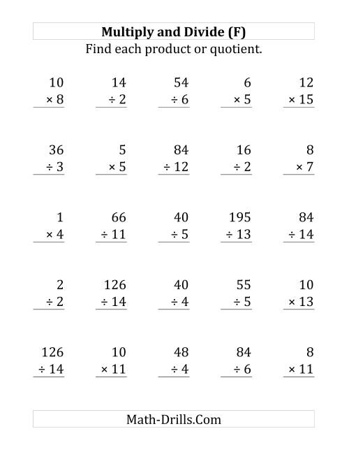 The Multiplying and Dividing with Facts From 1 to 15 (F) Math Worksheet