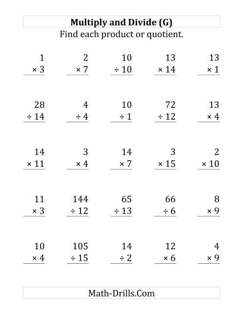 The Multiplying and Dividing with Facts From 1 to 15 (G) Math Worksheet
