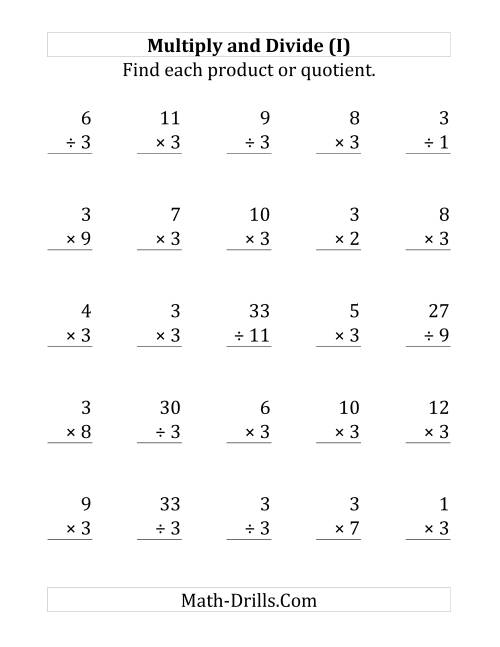 The Multiplying and Dividing by 3 (I) Math Worksheet