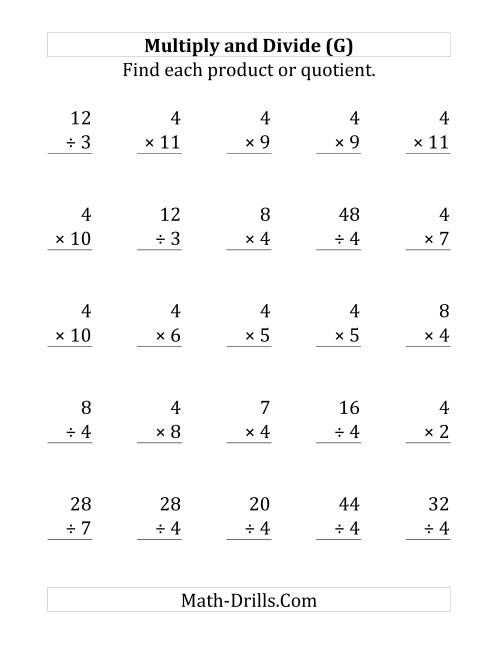 The Multiplying and Dividing by 4 (G) Math Worksheet