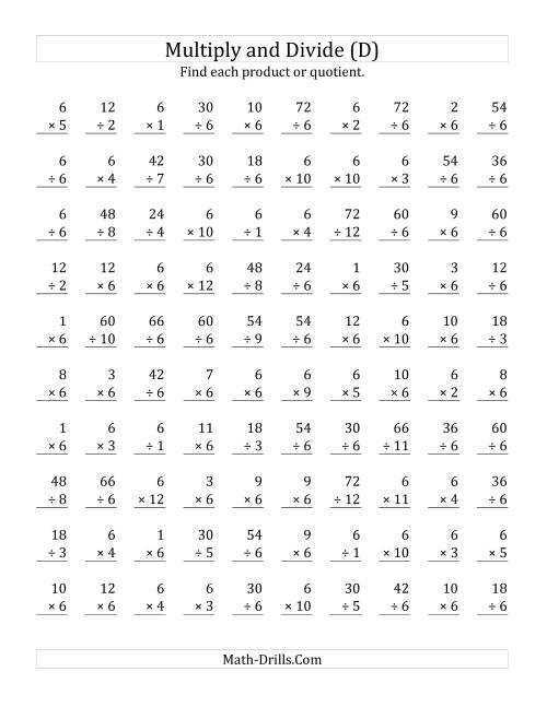 The Multiplying and Dividing by 6 (D) Math Worksheet