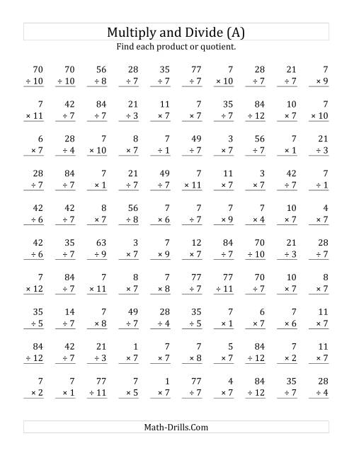 The Multiplying and Dividing by 7 (All) Math Worksheet
