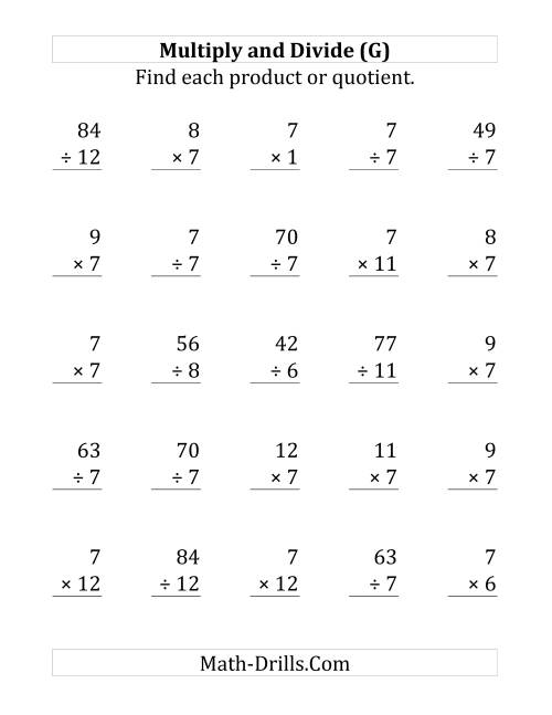 The Multiplying and Dividing by 7 (G) Math Worksheet