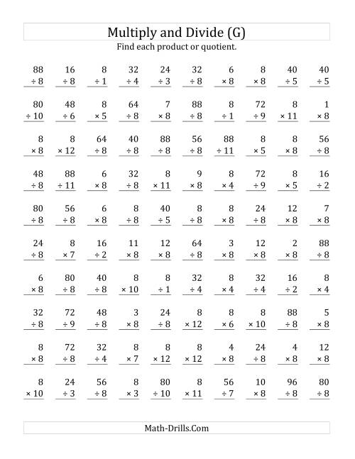 The Multiplying and Dividing by 8 (G) Math Worksheet