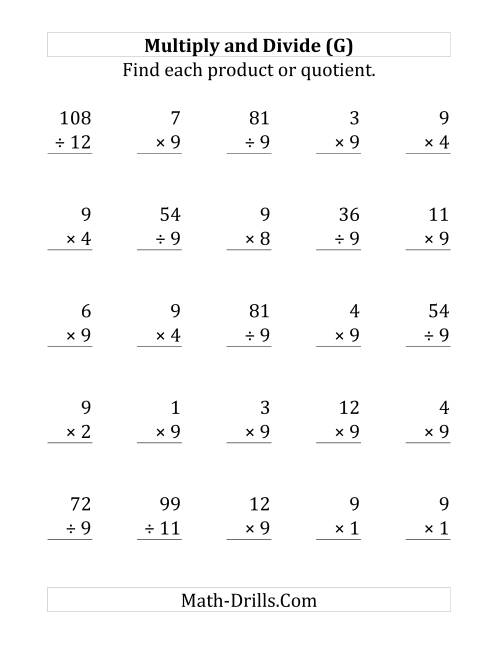 The Multiplying and Dividing by 9 (G) Math Worksheet
