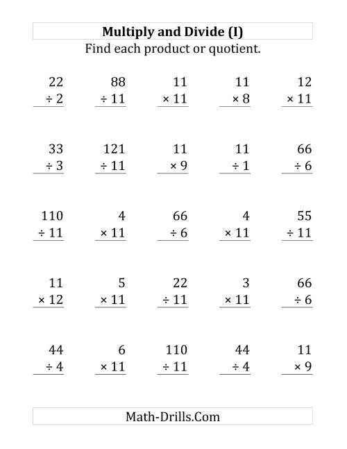 The Multiplying and Dividing by 11 (I) Math Worksheet