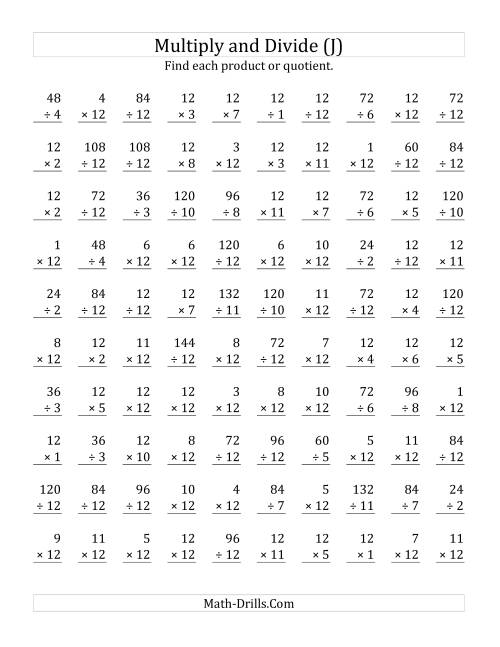 The Multiplying and Dividing by 12 (J) Math Worksheet