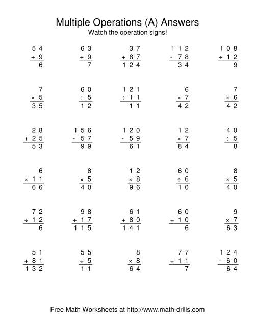 All Operations Using Numbers to 12 (A)