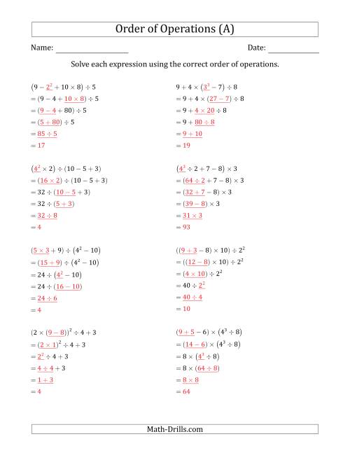The Order of Operations with Whole Numbers (Five Steps) (All) Math Worksheet Page 2