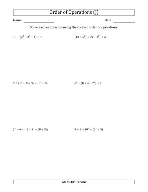 The Order of Operations with Whole Numbers (Six Steps) (J) Math Worksheet