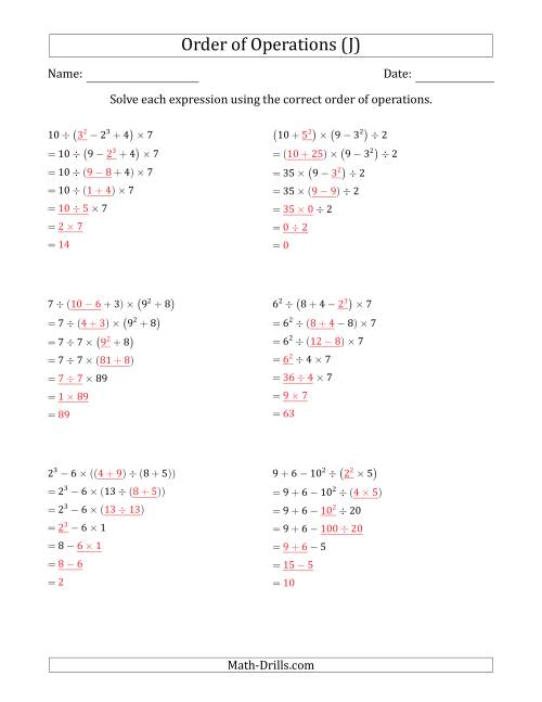 order of operations with whole numbers six steps j