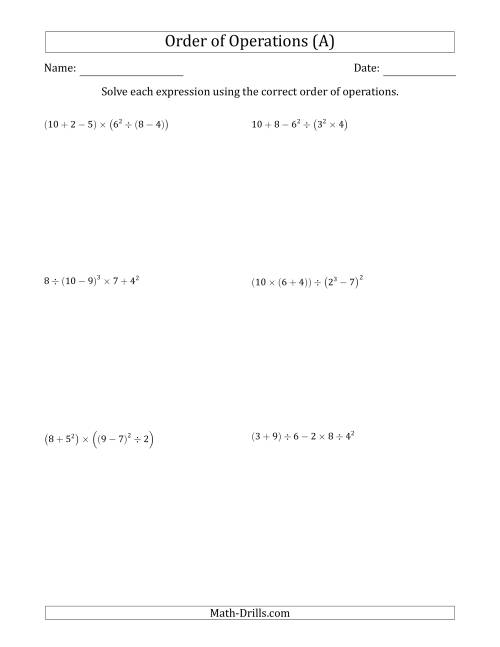The Order of Operations with Whole Numbers (Six Steps) (All) Math Worksheet