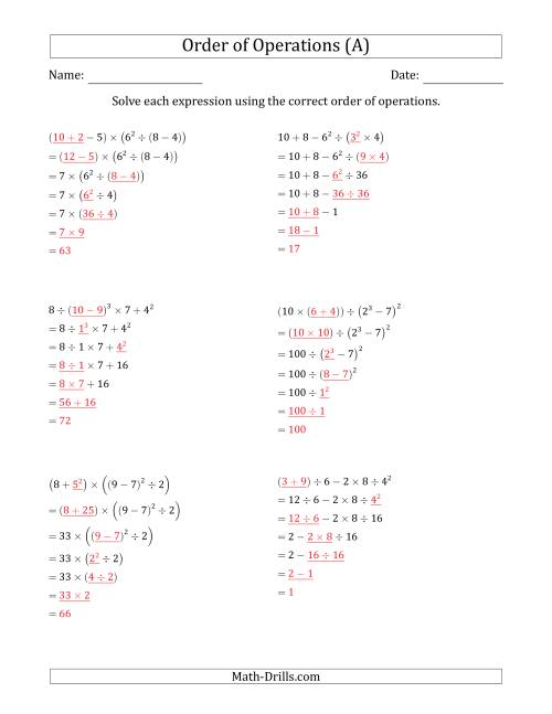 The Order of Operations with Whole Numbers (Six Steps) (All) Math Worksheet Page 2