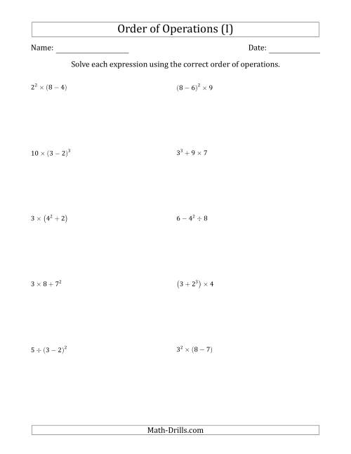 The Order of Operations with Whole Numbers (Three Steps) (I) Math Worksheet