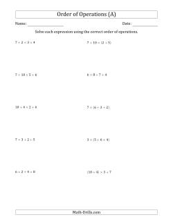 Order of Operations with Whole Numbers Multiplication and Addition Only (Three Steps)