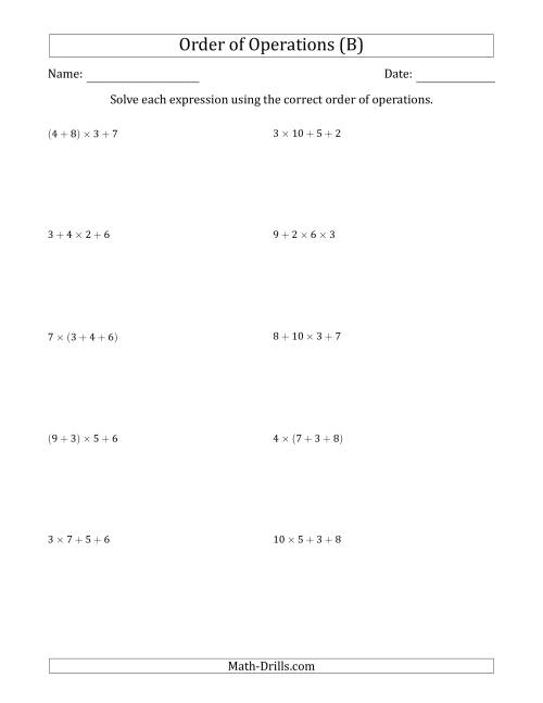 The Order of Operations with Whole Numbers Multiplication and Addition Only (Three Steps) (B) Math Worksheet