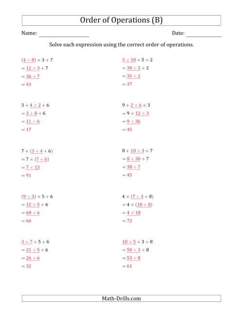 The Order of Operations with Whole Numbers Multiplication and Addition Only (Three Steps) (B) Math Worksheet Page 2