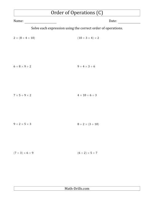 The Order of Operations with Whole Numbers Multiplication and Addition Only (Three Steps) (C) Math Worksheet