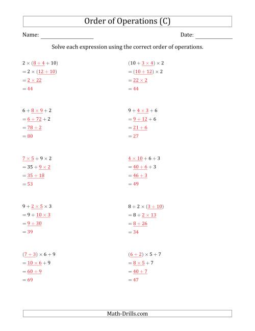 The Order of Operations with Whole Numbers Multiplication and Addition Only (Three Steps) (C) Math Worksheet Page 2