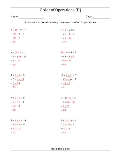 The Order of Operations with Whole Numbers Multiplication and Addition Only (Three Steps) (D) Math Worksheet Page 2