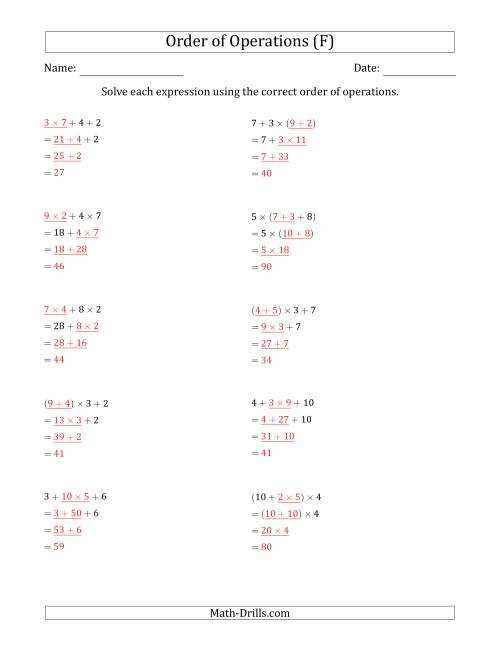 The Order of Operations with Whole Numbers Multiplication and Addition Only (Three Steps) (F) Math Worksheet Page 2