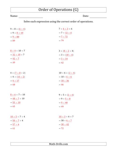 The Order of Operations with Whole Numbers Multiplication and Addition Only (Three Steps) (G) Math Worksheet Page 2