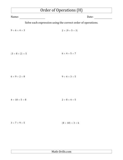 The Order of Operations with Whole Numbers Multiplication and Addition Only (Three Steps) (H) Math Worksheet