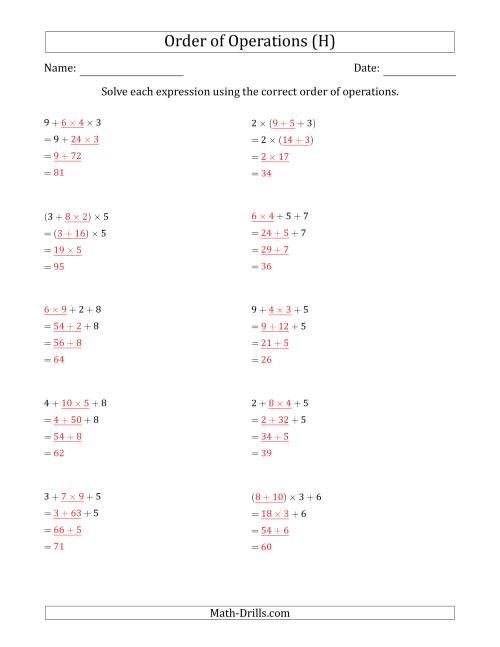 The Order of Operations with Whole Numbers Multiplication and Addition Only (Three Steps) (H) Math Worksheet Page 2