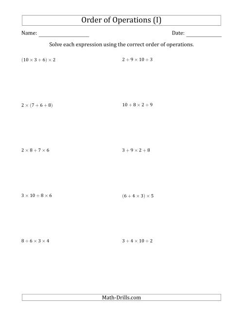 The Order of Operations with Whole Numbers Multiplication and Addition Only (Three Steps) (I) Math Worksheet