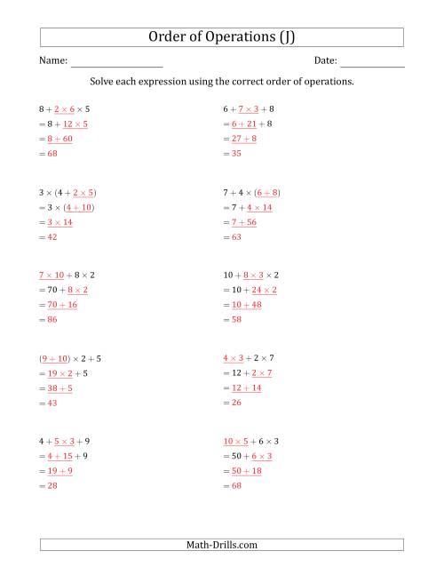 The Order of Operations with Whole Numbers Multiplication and Addition Only (Three Steps) (J) Math Worksheet Page 2