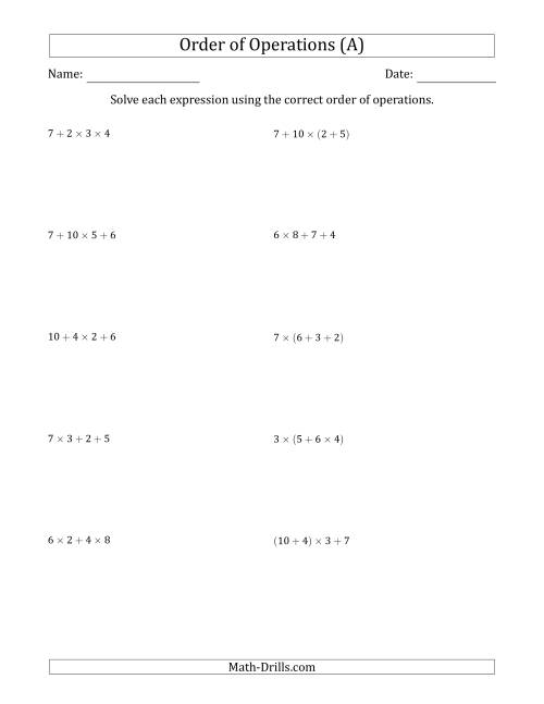 The Order of Operations with Whole Numbers Multiplication and Addition Only (Three Steps) (All) Math Worksheet