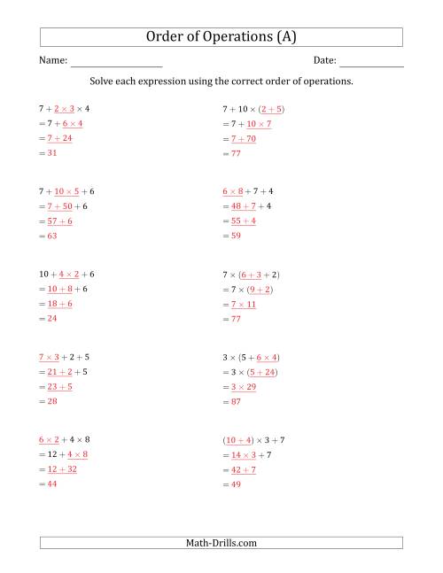 The Order of Operations with Whole Numbers Multiplication and Addition Only (Three Steps) (All) Math Worksheet Page 2