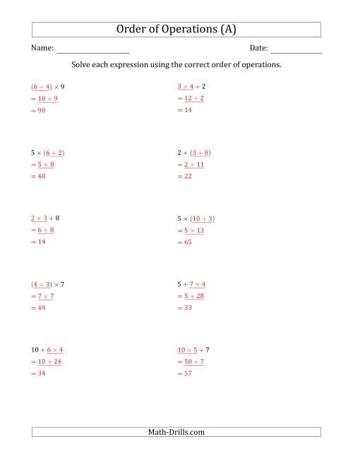 order of operations with whole numbers multiplication and addition only