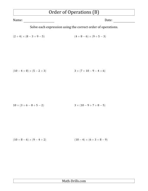 The Order of Operations with Whole Numbers Multiplication, Addition and Subtraction Only (Five Steps) (B) Math Worksheet
