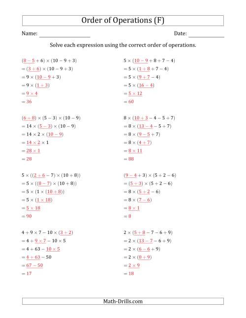 The Order of Operations with Whole Numbers Multiplication, Addition and Subtraction Only (Five Steps) (F) Math Worksheet Page 2
