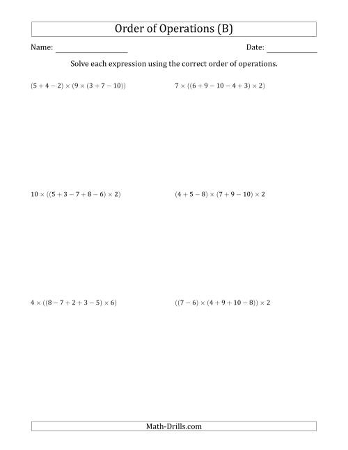 The Order of Operations with Whole Numbers Multiplication, Addition and Subtraction Only (Six Steps) (B) Math Worksheet