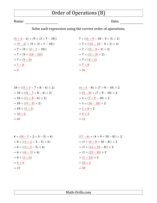 The Order of Operations with Whole Numbers Multiplication, Addition and Subtraction Only (Six Steps) (B) Math Worksheet Page 2