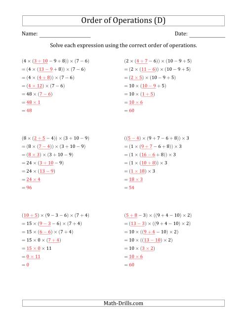 The Order of Operations with Whole Numbers Multiplication, Addition and Subtraction Only (Six Steps) (D) Math Worksheet Page 2