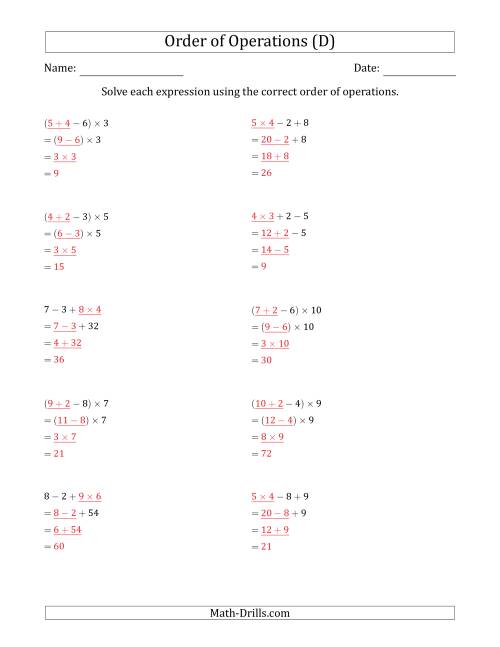The Order of Operations with Whole Numbers Multiplication, Addition and Subtraction Only (Three Steps) (D) Math Worksheet Page 2