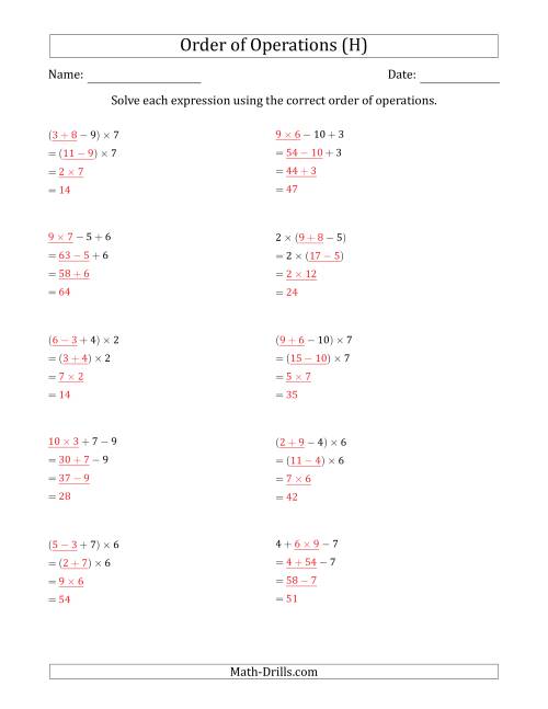The Order of Operations with Whole Numbers Multiplication, Addition and Subtraction Only (Three Steps) (H) Math Worksheet Page 2