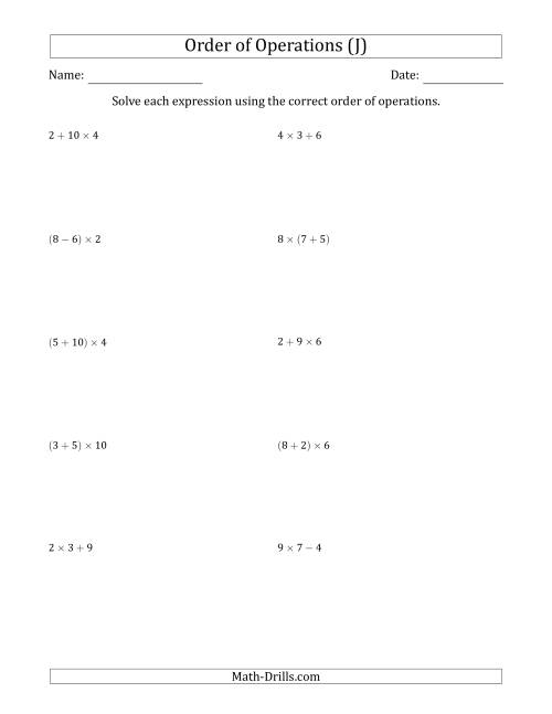 The Order of Operations with Whole Numbers Multiplication, Addition and Subtraction Only (Two Steps) (J) Math Worksheet