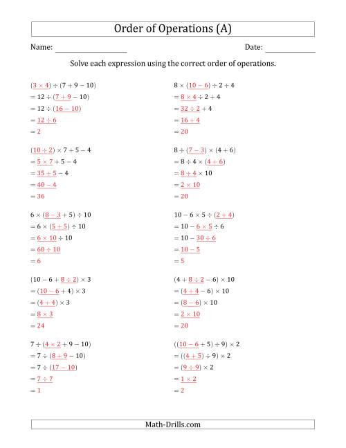 Order of Operations with Whole Numbers and No Exponents (Four Steps) (A)
