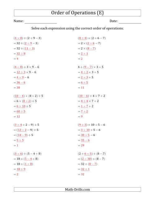 The Order of Operations with Whole Numbers and No Exponents (Four Steps) (E) Math Worksheet Page 2
