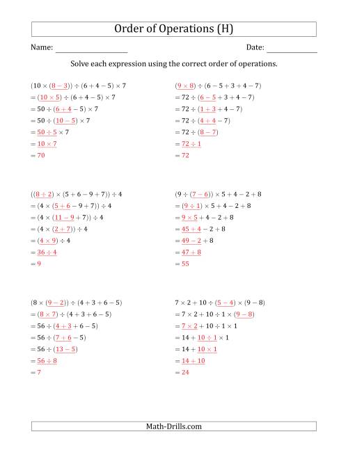 The Order of Operations with Whole Numbers and No Exponents (Six Steps) (H) Math Worksheet Page 2
