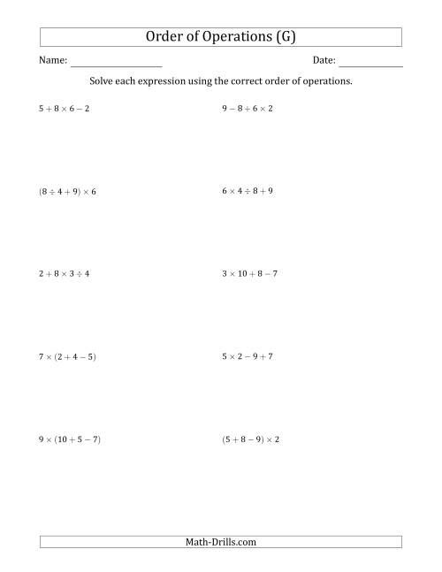 The Order of Operations with Whole Numbers and No Exponents (Three Steps) (G) Math Worksheet